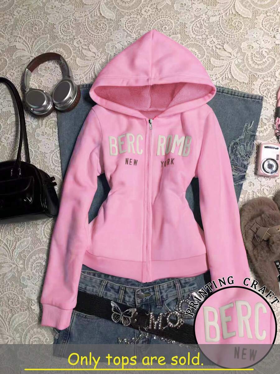 SHEIN Áo sweatshirt nữ dài tay in chữ, khóa kéo phía trước, kiểu dáng thường ngày. - Hồng - Xem 1