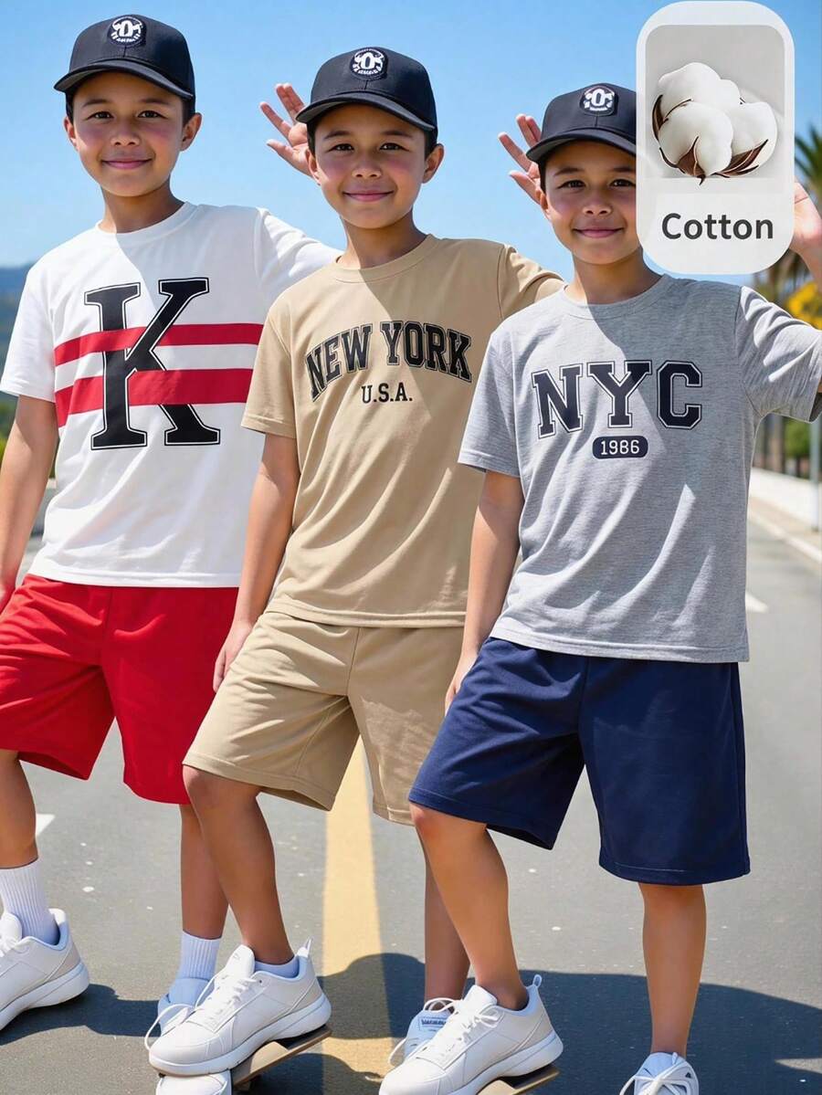 SHEIN 6件組兒童青少年男童休閒寬鬆字母印花圓領T恤與短褲兩件套,多件裝,適合通勤、上學、日常休閒、外出、運動,春夏季適用 - 彩色 - 查看 1
