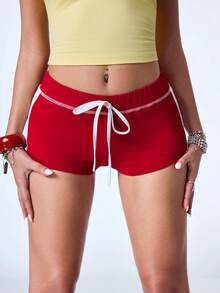 Y2Kool Red And White Striped Colorblock Y2K Low Waist Mini Shorts Women's Sporty Casual Streetwear Spring/Summer Gym Holiday Island Vacation Music Festival - Red - View 7
