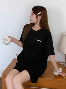 DAZY Damen Kurzarm Top und Shorts Loungewear Set Sommer Pyjama - Schwarz - Übersicht 7