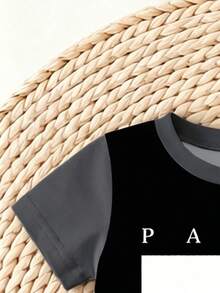 SHEIN 2件組街頭酷感休閒時尚拼接圖案英文印花圓領短袖T恤上衣 & 拼接圖案英文印花短褲，適合夏季出遊 - 彩色 - 查看 4