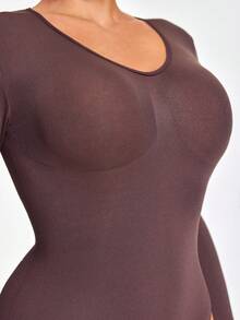 SHAPORA Bộ đồ liền thân co giãn màu trơn cổ tròn tay dài cho nữ - màu nâu - Xem 6
