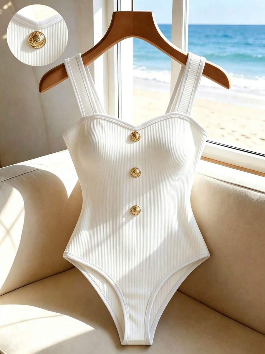 SHEIN Franclia 女款素色金屬鈕扣設計連身衣 - 白色 - 查看 1