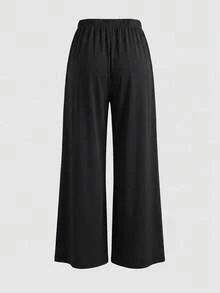 Sweetra Women's New Fashion Versatile Solid Color Asymmetrical Shoulder Cinched Waist Top + Long Pants 2 Pieces Set Casual Simple Elegant Two Pieces Pants Set - Black - View 3