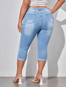 SHEIN Lady Jeans in denim da donna taglie forti con tasche e bottoni, casual e versatili per l'uso quotidiano e le uscite - Lavaggio chiaro - Visualizzare 2