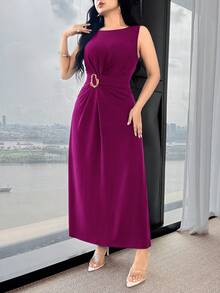 Feyla Waist Pleated Metal Buckle Waist-Defining Elegant Elegant Party Commute Versatile Dress - Red Violet - View 3