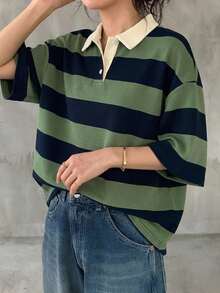 FRIFUL 女款黑白寬鬆條紋 Polo 領中袖休閒夏季 T-shirt - 綠色 - 查看 1