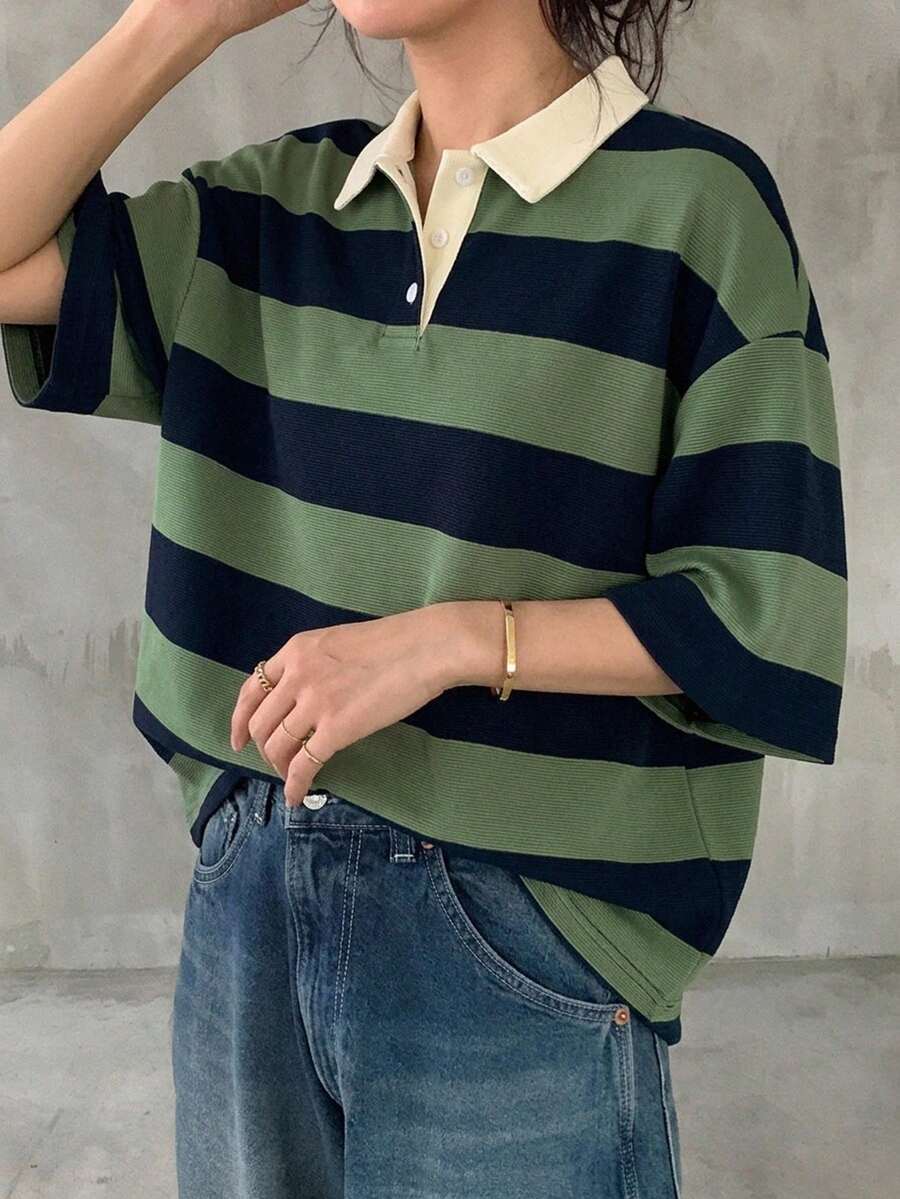 FRIFUL 女款黑白寬鬆條紋 Polo 領中袖休閒夏季 T-shirt - 綠色 - 查看 1