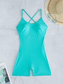 Swim Lushoire 女款素色夏季海灘泳衣，交叉綁帶設計，露背，無袖，修身一件式運動泳裝 - 薄荷藍 - 查看 3