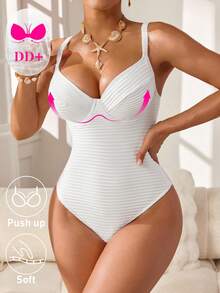 Swim DD+ Maillot de bain une pièce de couleur unie pour femmes, convient pour les vacances à la plage, les fêtes de piscine, les fêtes de plage - Blanc - Voir 5