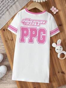 THE POWERPUFF GIRLS X SHEIN Young Girl Cartoon All-Over Print Round Neck Contrast Trim Cute Short Sleeve Dress - White - View 2