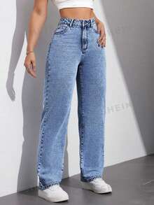 SHEIN EZwear 女士實色簡約日常牛仔褲 - 藍色 - 查看 5