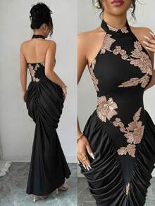 Modelyn Brown Mesh Jacquard Embroidered Backless Halter Neck Slim Fit Ruched Gathered Design Fashionable Elegant Long Dress - Black and Gold - View 7