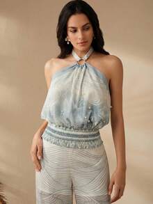 Anewsta Summer New Shell Pattern Waist Tie Halter Neck Casual Tropical Vacation Top For Women Beach Vacation Blue - Blue - View 5