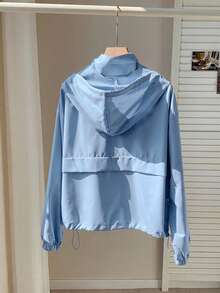 SHEIN EZwear 藍色大尺碼女款休閒長袖拉鍊連帽外套 秋季 - 藍色 - 查看 2