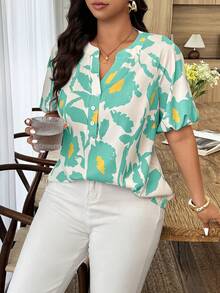 Weeklong Plus Size Women's Spring/Summer Notched Neck Elastic Cuff Botanical Print Casual Vacation Shirt - Multicolor - View 3