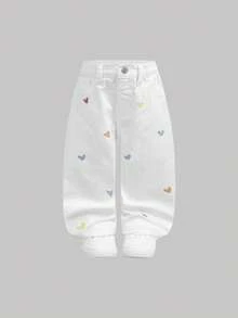 SHEIN 女嬰時尚休閒 Y2K 復古酷街頭可愛基礎簡約彩色愛心刺繡圖案白色寬鬆牛仔褲，適合日常穿著、春夏電音節慶與街頭穿搭 - 白色 - 查看 6