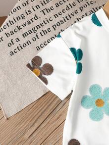 SHEIN 2pcs/Setelan Dua Potong Kasual Musim Panas untuk Bayi Perempuan: Atasan Lengan Pendek Kasual Motif Bunga Patchwork dengan Pita dan Celana Panjang - Hijau - View 7