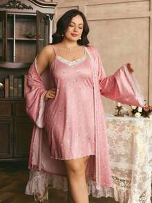 Côtesoire Baju Tidur/Mantel Ukuran Plus Gaya Romantis Prancis Segar Gaya Prancis Selatan Motif Bunga Rajut Renda Patchwork Pas Badan, Jubah Motif Renda Patchwork, Set Baju Tidur/Mantel Malam - Dusty Pink - View 6