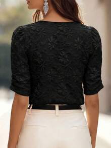 Medorina Middle-Aged And Elderly Women's Jacquard Notch V-Neck Short Sleeve Blouse - Black - View 2