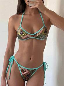 Bonvoyette 2件組 春夏海灘度假亮片紋理面料掛脖平口上衣與側綁繩丁字比基尼套裝 - 彩色 - 查看 5