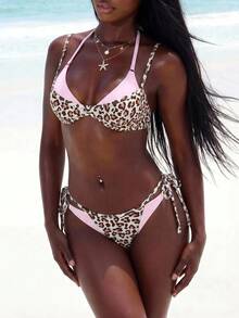 Amplova Women's Leopard Print Color Block Two Pieces Set, Sexy And Avant-Garde, Suitable For Vacation Outfits, New Arrival Festival Independence - Pink - View 9