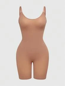 SHAPORA 女士纯色弹力可调节细肩带收腹连体裤 - 棕色 - 查看 7
