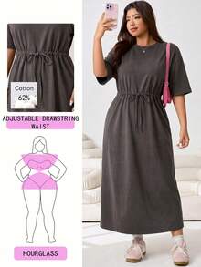 Solflare Plus Size Vintage Washed Snowflake Print Loose Long T-Shirt Dress,Adjustable Waist,Chocolate Brown,Sommar,Smart Casual,Vacation,High Street,Daily Wear - Chocolate Brown - View 1
