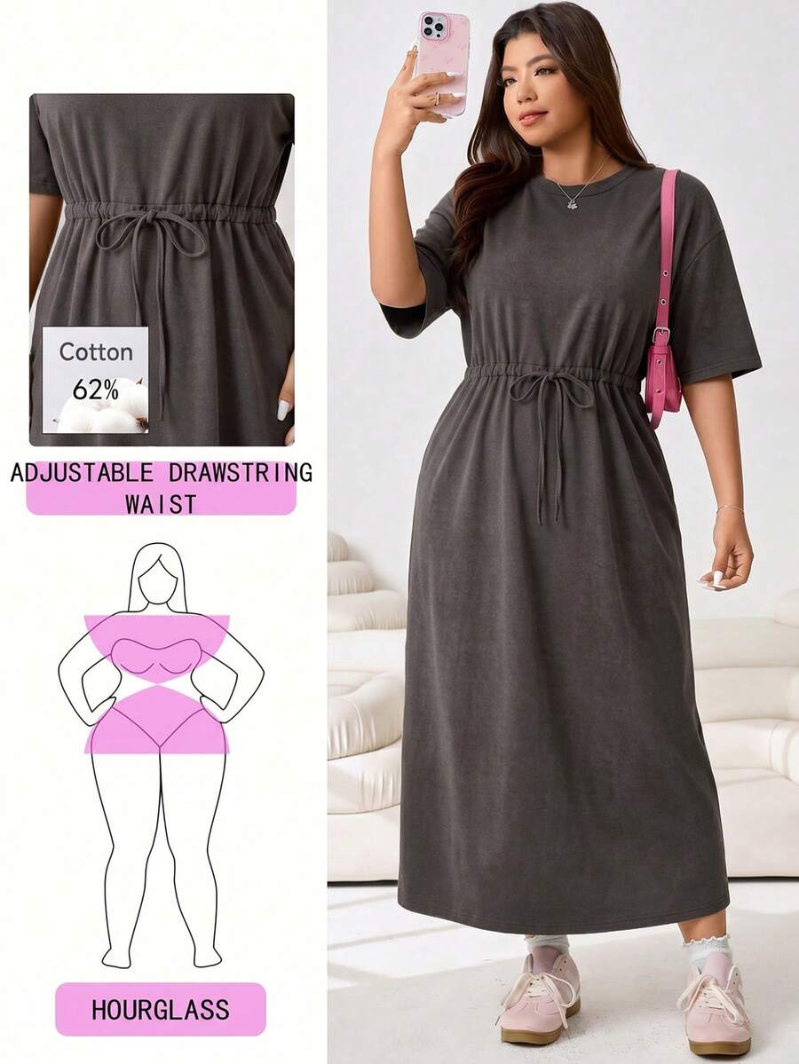 Solflare Plus Size Vintage Washed Snowflake Print Loose Long T-Shirt Dress,Adjustable Waist,Chocolate Brown,Sommar,Smart Casual,Vacation,High Street,Daily Wear - Chocolate Brown - View 1