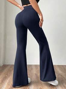 SHEIN EZwear 女款素色高腰修身喇叭針織運動風長褲 - 藏蓝色 - 查看 2