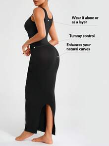 SHAPORA Ladies' Solid Color Slim Fit Sleeveless Bodycon Dress With Back Slit - Black - View 2