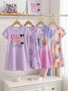 2pcs/Set Young Girl Cute Cartoon Sheep Print Sleepwear Set, Includes Pink & Gray Short Sleeve Long Nightgown - Multicolor - View 9