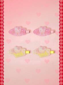 HELLO KITTY AND FRIENDS | SHEIN 4件組 Sanrio 可愛女孩甜美風小貓無縫髮夾 側戴居家款 - 彩色 - 查看 1