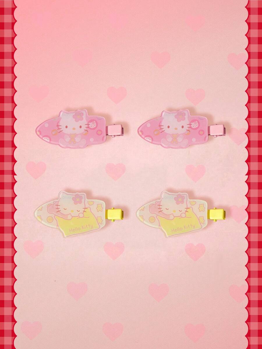 HELLO KITTY AND FRIENDS | SHEIN 4件組 Sanrio 可愛女孩甜美風小貓無縫髮夾 側戴居家款 - 彩色 - 查看 1