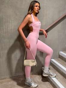 hollyjadebate Mono deportivo ajustado de color liso con cuello halter y espalda descubierta - Rosa - Ver 7