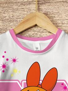 THE POWERPUFF GIRLS X SHEIN Young Girl Cartoon All-Over Print Round Neck Contrast Trim Cute Short Sleeve Dress - White - View 4