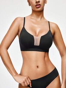 SHAPORA Women's Solid Color Mesh Patchwork Comfortable Bra - Black - View 3