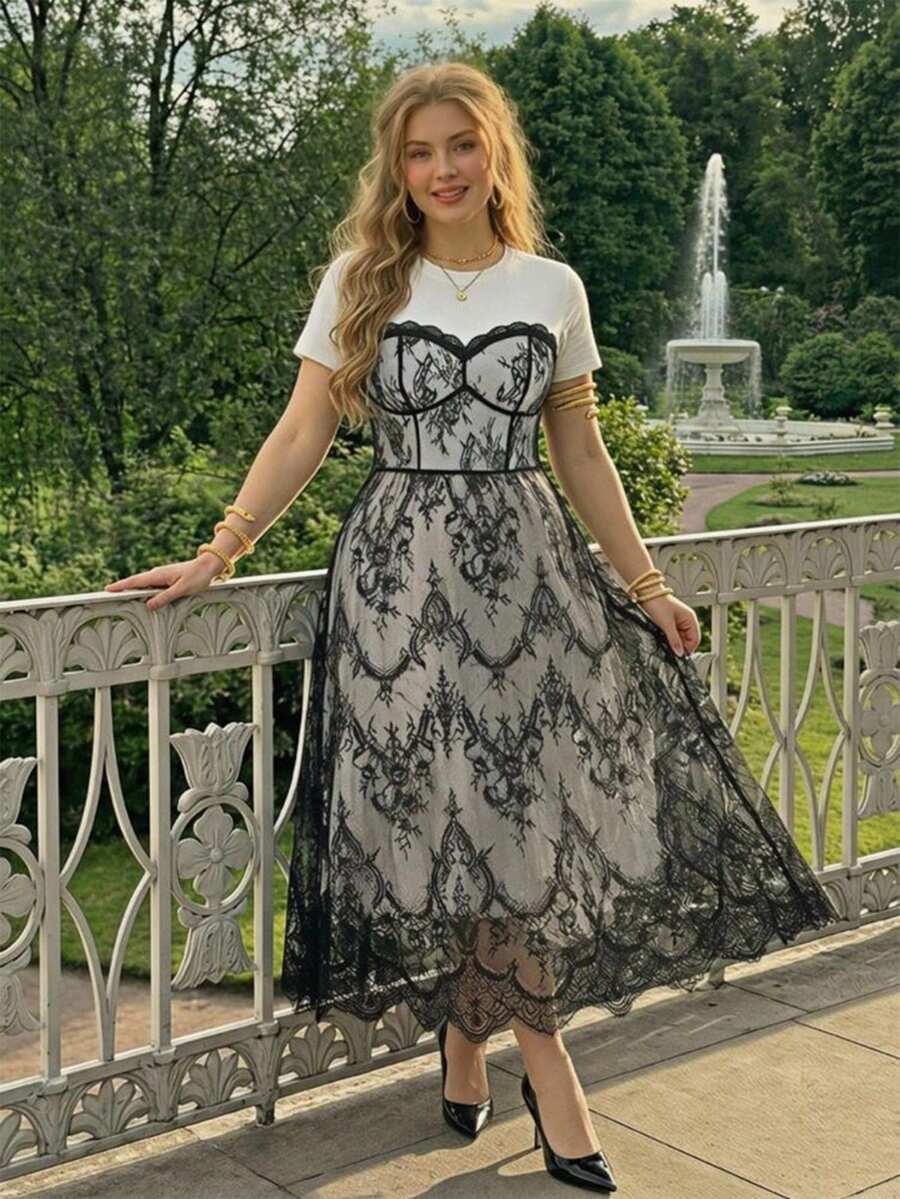 SHEIN MOD 2合1黑白對比無肩帶蕾絲短袖洋裝,浪漫大尺碼女裝 - 黑與白 - 查看 1