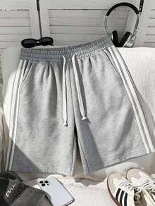Comfortcana Women's Plus Size Elastic Waist Drawstring Side Stripe Grey Shorts - Grey - View 1