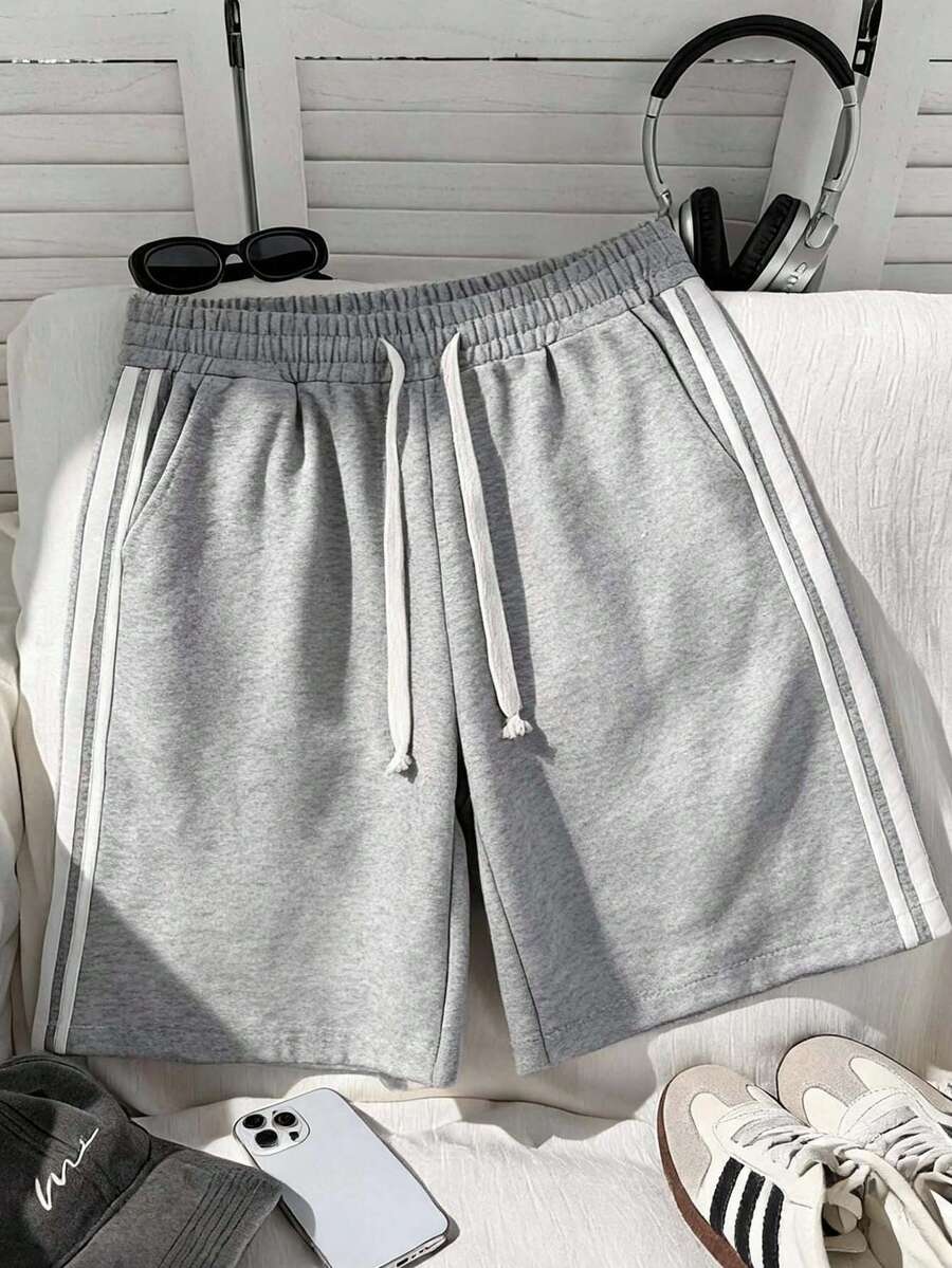 Comfortcana Women's Plus Size Elastic Waist Drawstring Side Stripe Grey Shorts - Grey - View 1