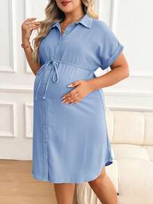 Plussiva 孕妇加大码纯色短袖宽下摆前扣夏季连衣裙 - 淺藍色 - 查看 1