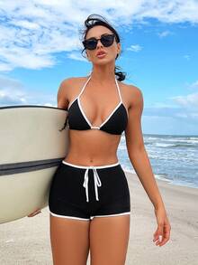 SHEIN Swim Summer Beach Contrast Trim Knotted Detail Bikini Set - Black and White - View 3