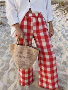 Vaclyn Women Pants Beach Red And White Plaid Boho - Red - View 6