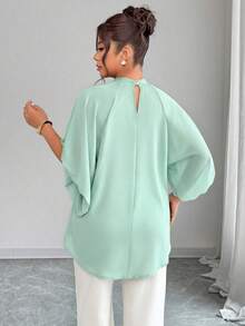 Elenzga Plus Size Women's Round Neck Ruched Sleeve Wavy Hem Loose Blouse, Spring/Summer - Mint Green - View 2