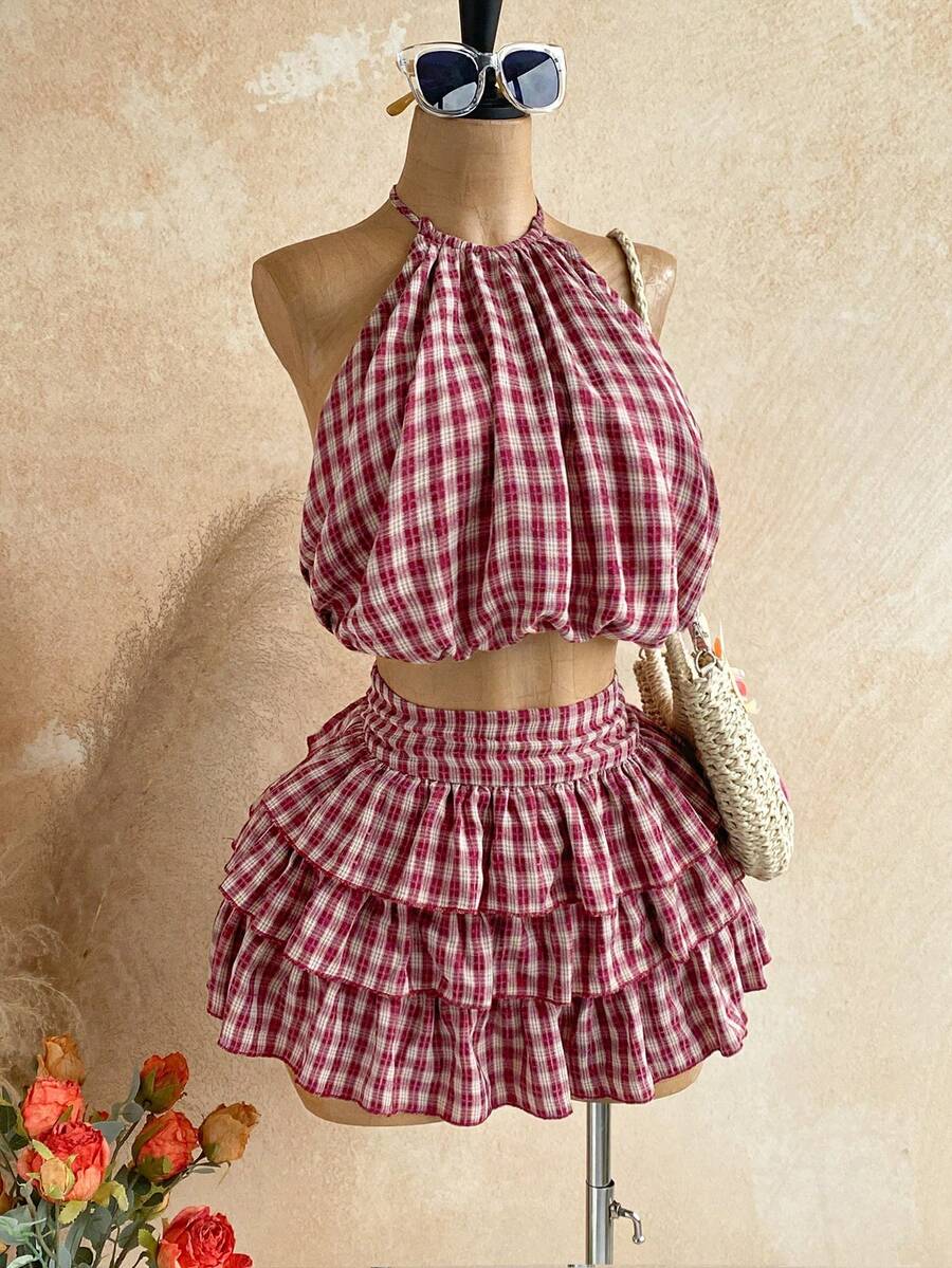 Soleia Women's Plaid Print Halter Backless Top And Multi-Layer Ruffle Skirt 2-Piece Set - Multicolor - View 1