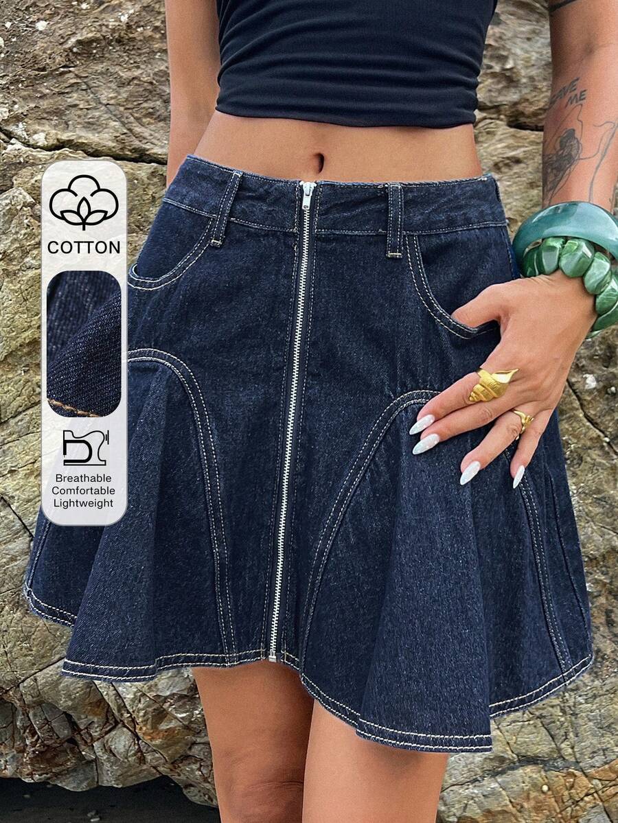 Livesso Zipper Split Line Ruffle Decor Women's Denim Skirt Summer - Blue - View 1