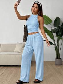 SHEIN EZwear 蓝色针织女式休闲运动套装 - 藍色 - 查看 6