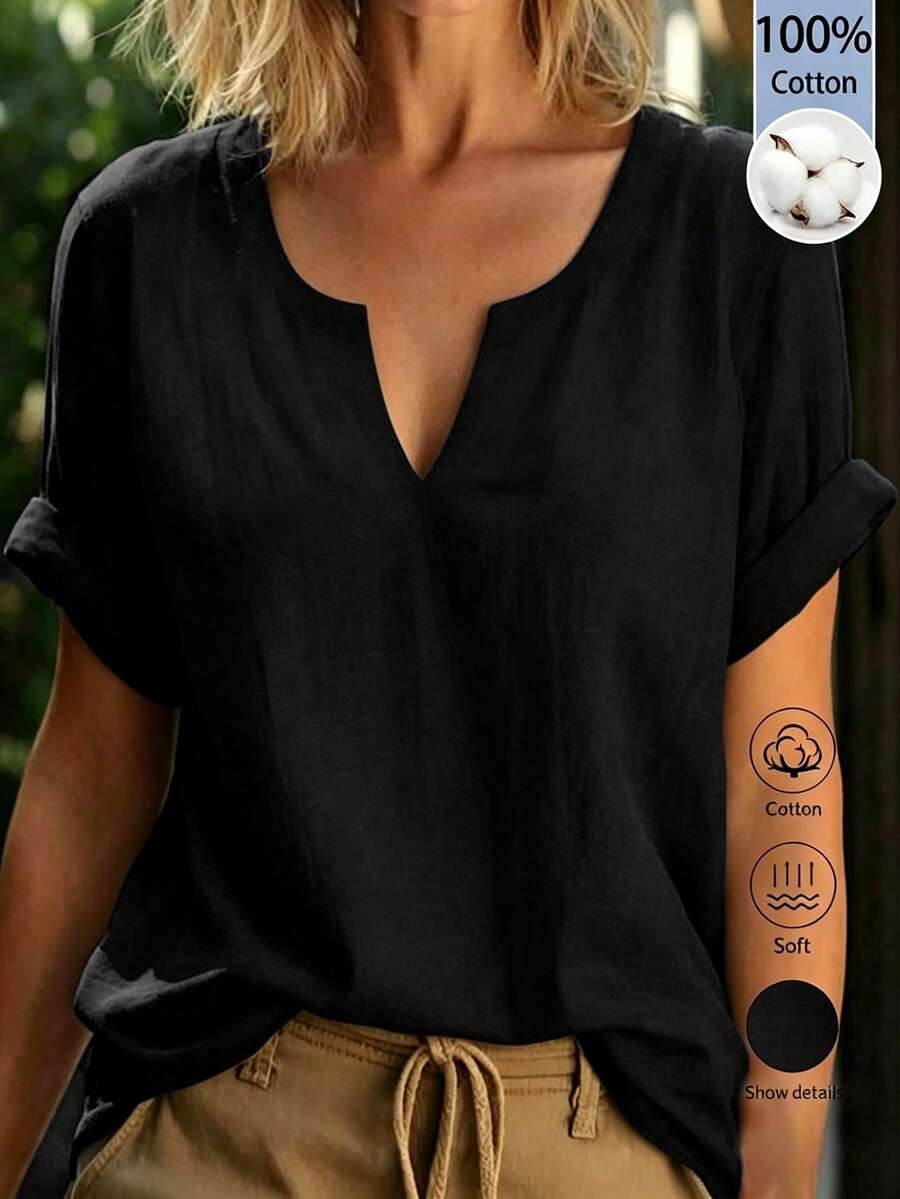 Zayélia 女款休閒日常通勤簡約素色V領捲邊短袖白色上衣棉麻 - 黑色 - 查看 1
