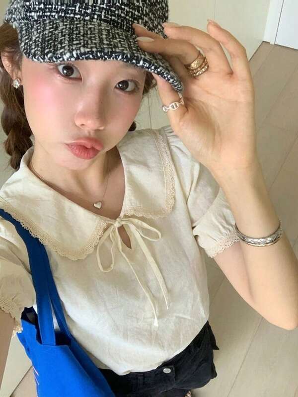 Tideelle Chic Korean Design Unique Peter Pan Collar Short Sleeve Shirt For Women, New Summer French Style Gosling Yellow Blouse