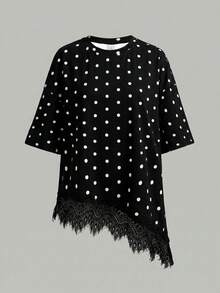 SHEIN Kids Teen Girls T-Shirts Spring Summer New Casual Black And White Fashion Polka Dot Asymmetric Hem Lace Patchwork T-Shirt, Versatile For Daily Wear, Spring Summer Casual Top, Suitable For Vacation, Summer, Spring, Spring Break And Various Occasions, Including Beach Dress, Casual Shirt, Outing Top And Summer Top. - Black - View 4